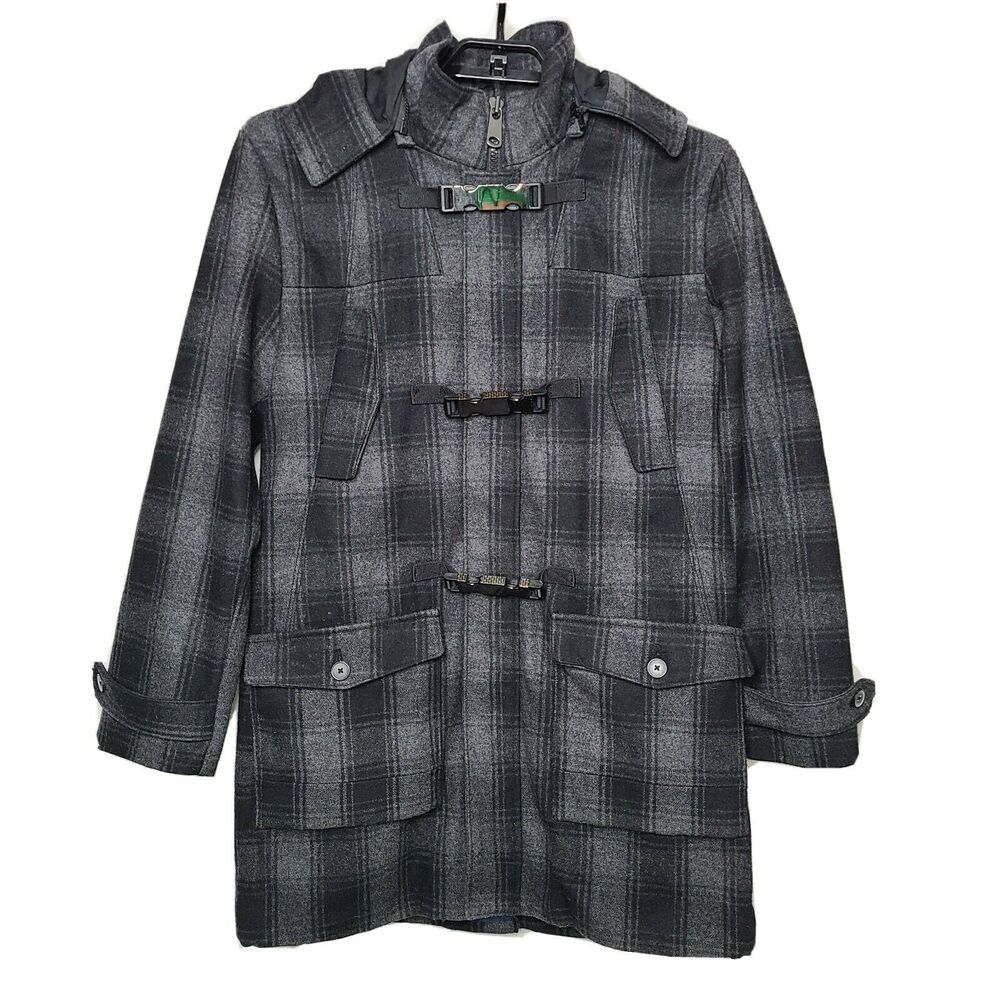 INC Pea Coat SZ L Plaid Gray Black Wool Zip Buckle